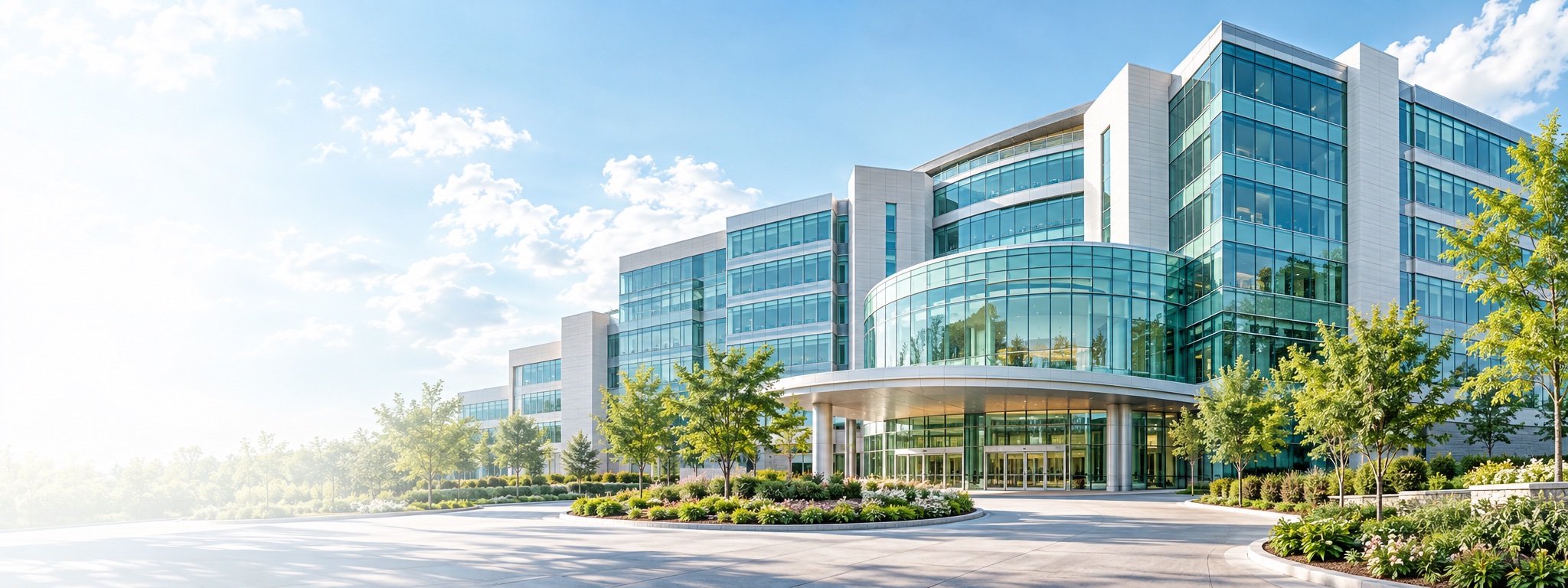Modern hospital campus with glass buildings and landscaped gardens